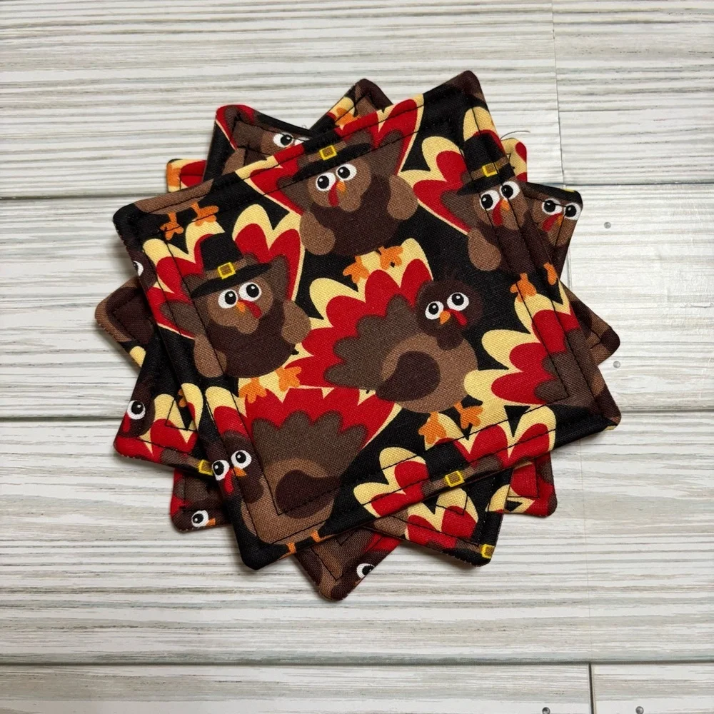 Handmade Turkey Print Reusable Washable Fabric Coaster Set